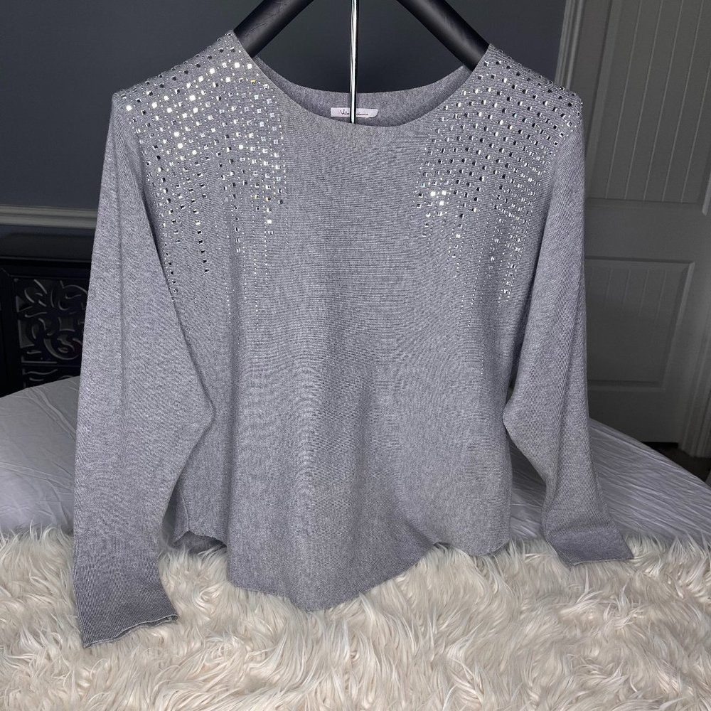 Grey Dolman Sleeve Sweater with stone embellishment Sized Large